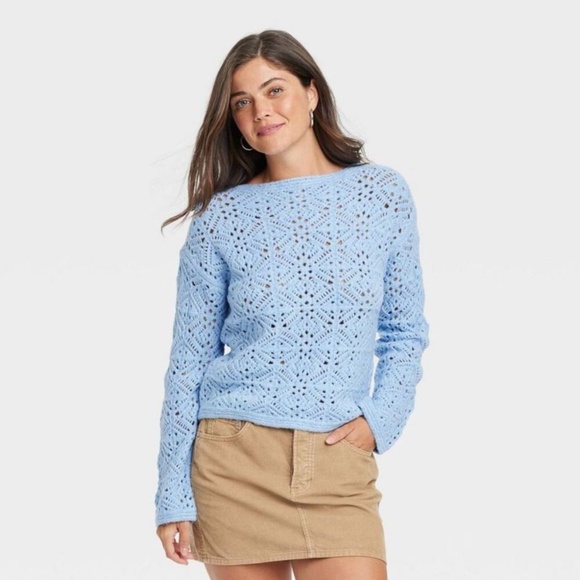 Universal Thread Tops - Universal Thread Women’s Boat Neck Openwork Pullover Blue Size XS